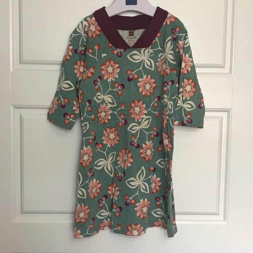 Tea Collection Floral Knit Dress Toddler Girls 2 Multicolor V-Neck 100% Cotton - Picture 2 of 12